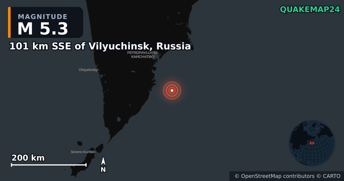 Erdbeben M5,3 bei 101 km SSE of Vilyuchinsk, Russia · 2026-10-24 — Karte der Lage des Epizentrums