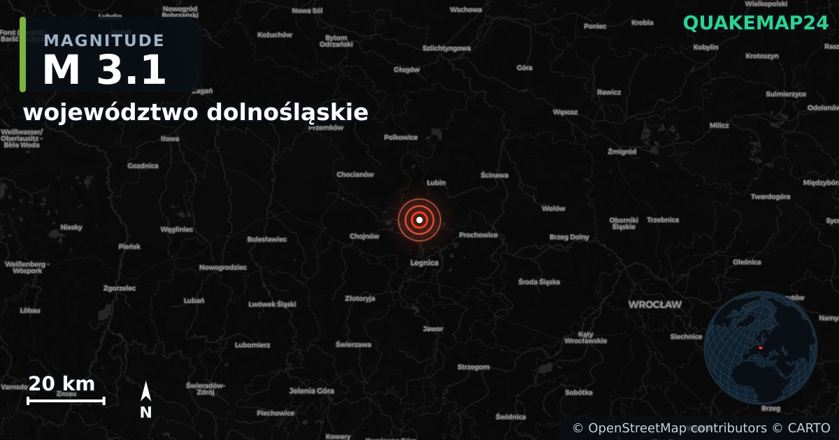 M3.1 earthquake near województwo dolnośląskie on Jun 24, 2025 — map of epicenter and shaking intensity | QuakeMap24
