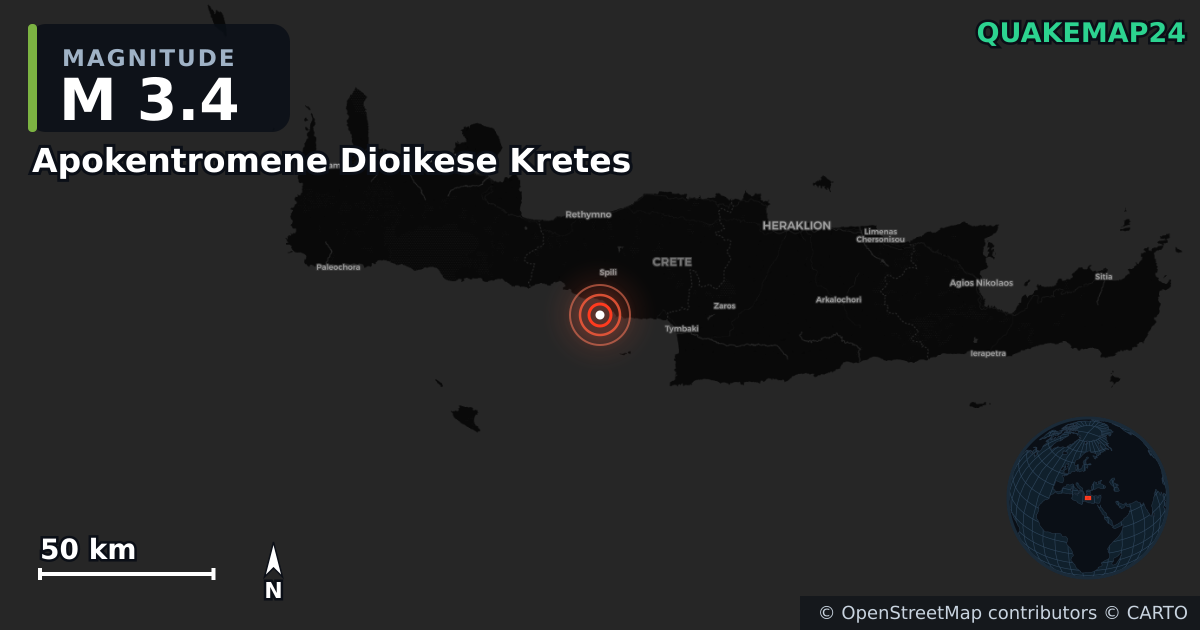 M3.4 earthquake near Apokentromene Dioikese Kretes on Nov 16, 2025 — map of epicenter and shaking intensity | QuakeMap24