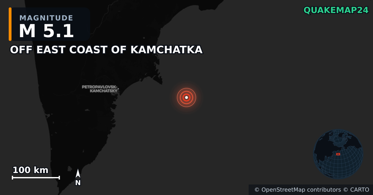 OFF EAST COAST OF KAMCHATKA yakınında M5,1 deprem — Deprem merkez üssünün konumunu gösteren harita