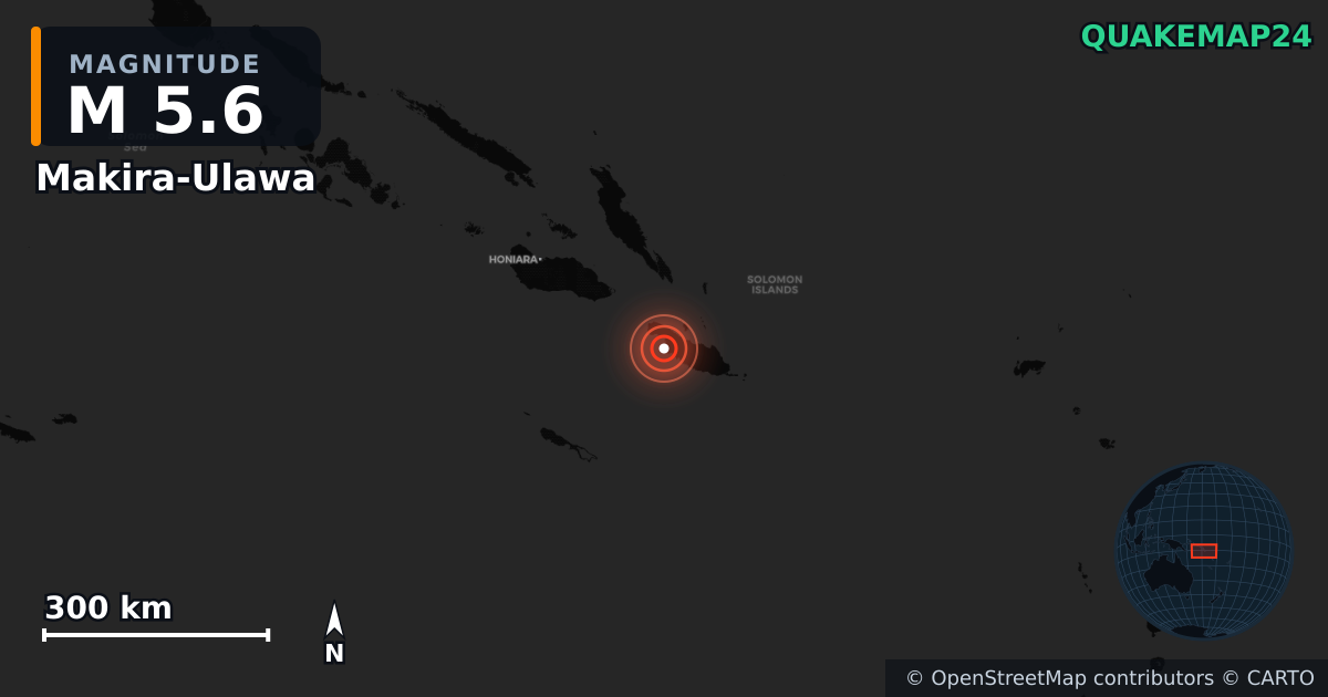 M5.6 earthquake near Makira-Ulawa on Apr 18, 2026 — map of epicenter and shaking intensity | QuakeMap24