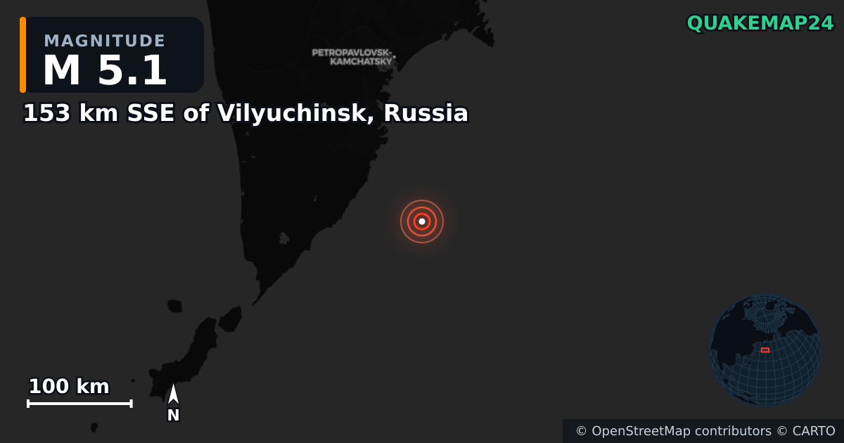 M5.1 earthquake near 153 km SSE of Vilyuchinsk, Russia on Sep 22, 2025 — map of epicenter and shaking intensity | QuakeMap24