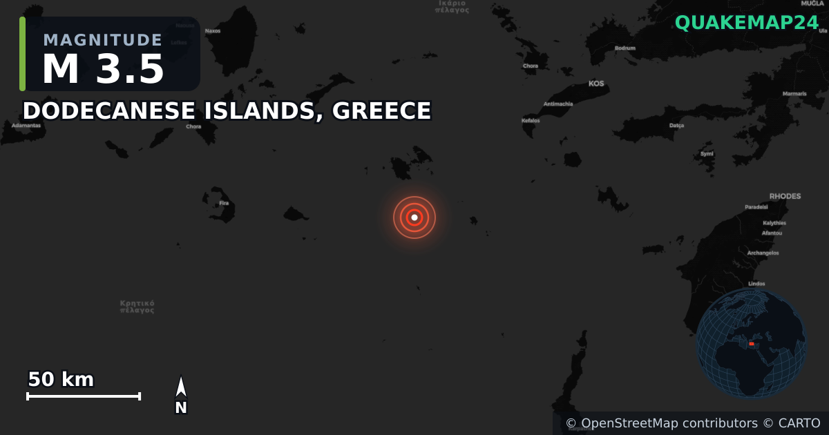 M3.5 earthquake near DODECANESE ISLANDS, GREECE on Aug 3, 2025 — map of epicenter and shaking intensity | QuakeMap24