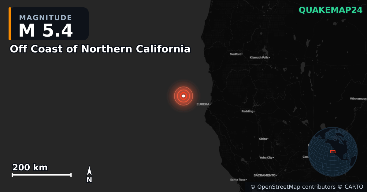 M5.4 earthquake near Off Coast of Northern California on Jun 3, 2026 — map of epicenter and shaking intensity | QuakeMap24