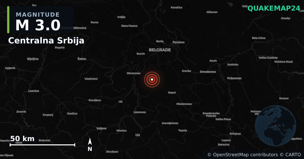 M3.0 earthquake near Centralna Srbija on Jun 30, 2025 — map of epicenter and shaking intensity | QuakeMap24