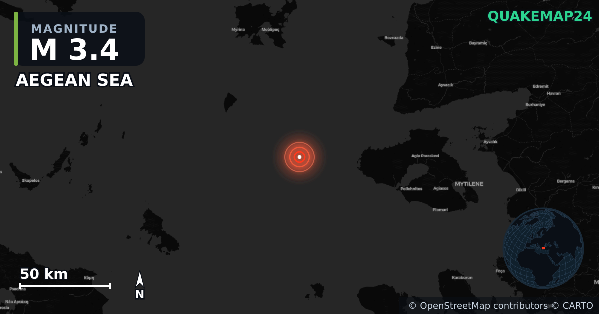 M3.4 earthquake near AEGEAN SEA on Jul 13, 2025 — map of epicenter and shaking intensity | QuakeMap24