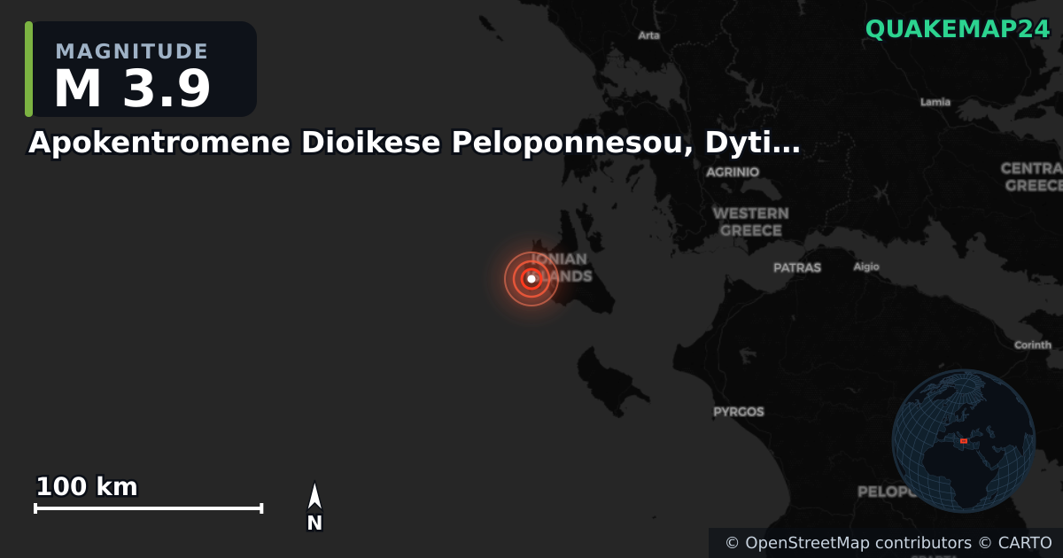 M3.9 earthquake near Apokentromene Dioikese Peloponnesou, Dytikes Elladas kai Ioniou on Jul 11, 2025 — map of epicenter and shaking intensity | QuakeMap24
