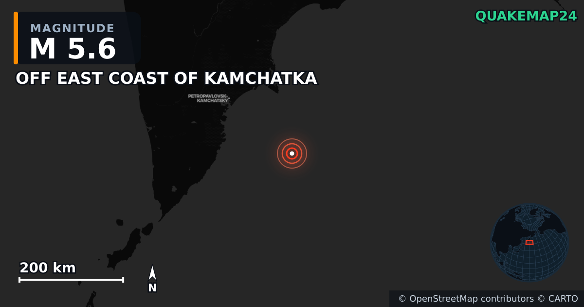 M5.6 earthquake near OFF EAST COAST OF KAMCHATKA on Jul 30, 2025 — map of epicenter and shaking intensity | QuakeMap24