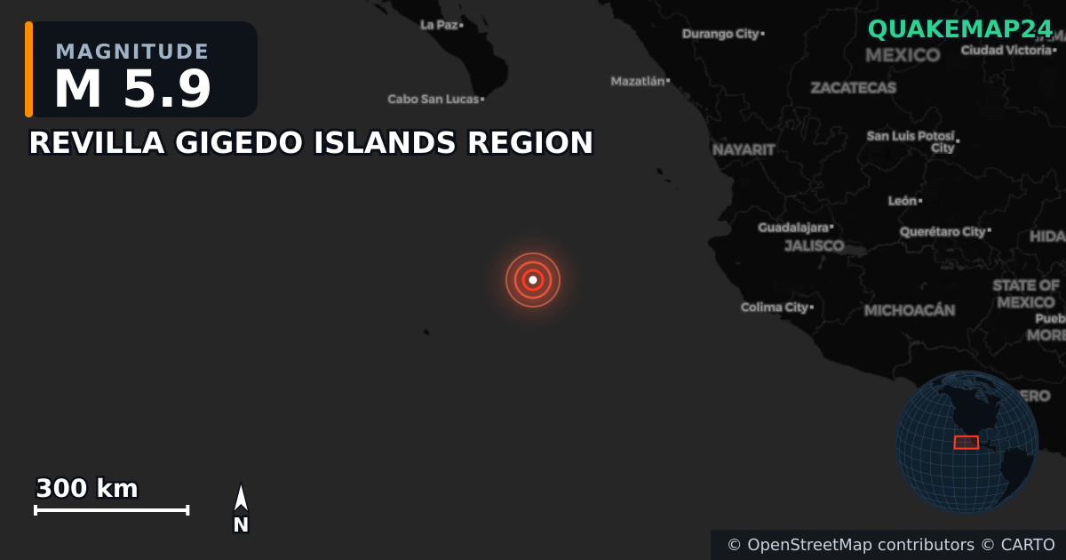 Terremoto de M5,9 cerca de REVILLA GIGEDO ISLANDS REGION · 2025-05-28 — Mapa de la ubicación del epicentro