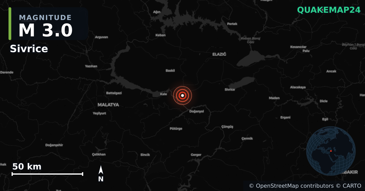 M3.0 earthquake near Sivrice on Sep 4, 2025 — map of epicenter and shaking intensity | QuakeMap24