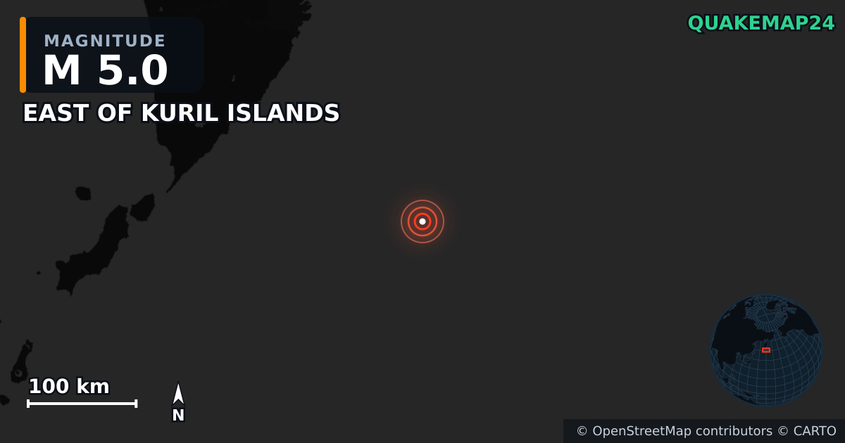 M5.0 earthquake near EAST OF KURIL ISLANDS on Oct 27, 2025 — map of epicenter and shaking intensity | QuakeMap24