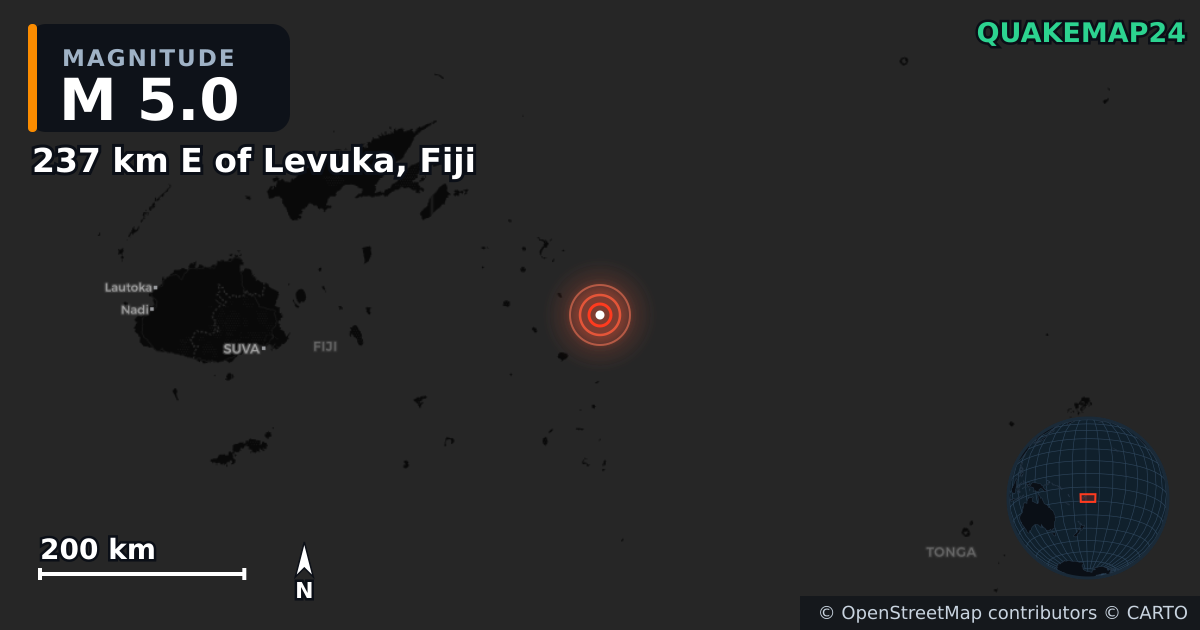 M5.0 earthquake near 237 km E of Levuka, Fiji on Jan 12, 2025 — map of epicenter and shaking intensity | QuakeMap24