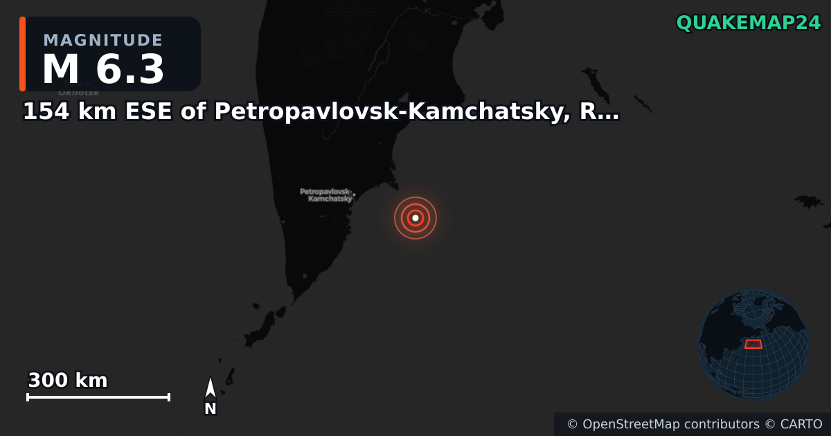M6.3 Earthquake near 154 km ESE of Petropavlovsk-Kamchatsky, Russia · 2025-07-22 — Map showing the location of the epicenter