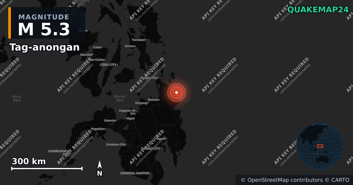 M5.3 earthquake near Tag-anongan on May 24, 2026 — map of epicenter and shaking intensity | QuakeMap24