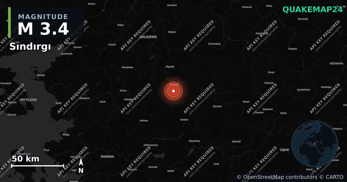 M3.4 earthquake near Sındırgı on Sep 2, 2026 — map of epicenter and shaking intensity | QuakeMap24