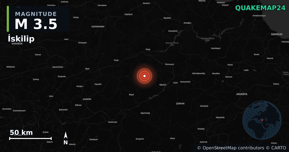 M3.5 earthquake near İskilip on May 12, 2025 — map of epicenter and shaking intensity | QuakeMap24
