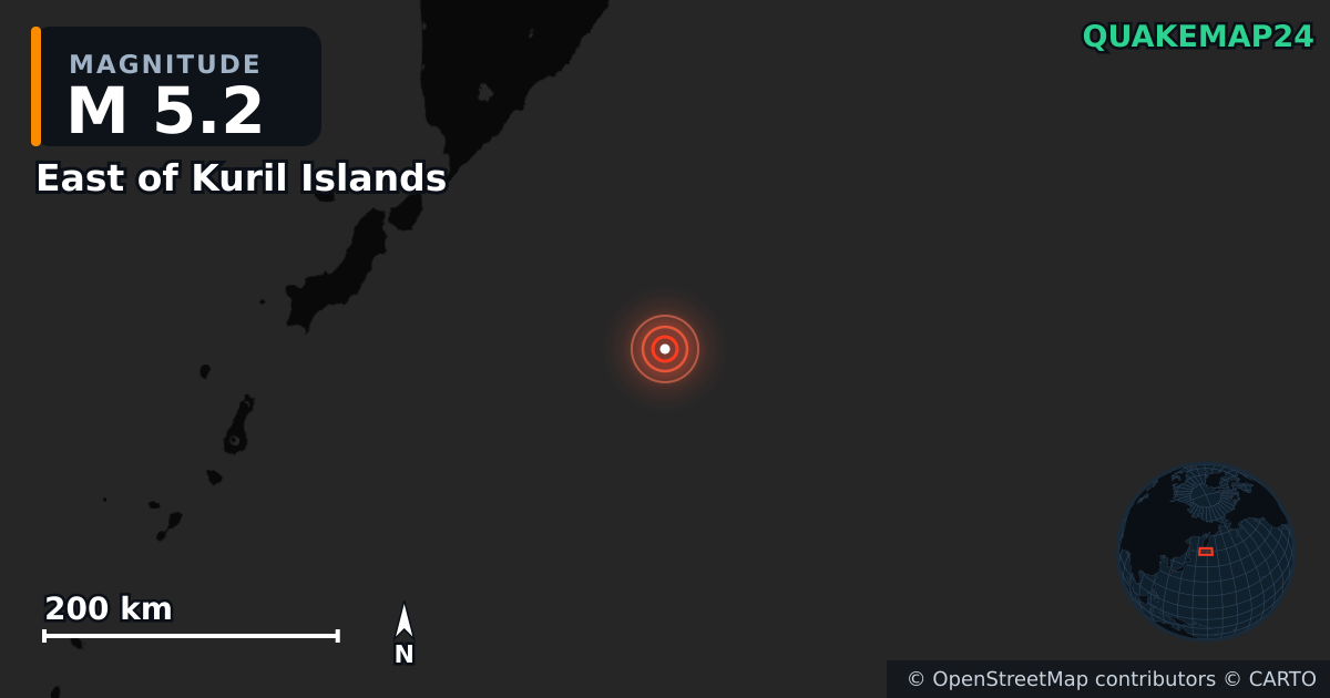 M5.2 earthquake near East of Kuril Islands on Aug 6, 2025 — map of epicenter and shaking intensity | QuakeMap24