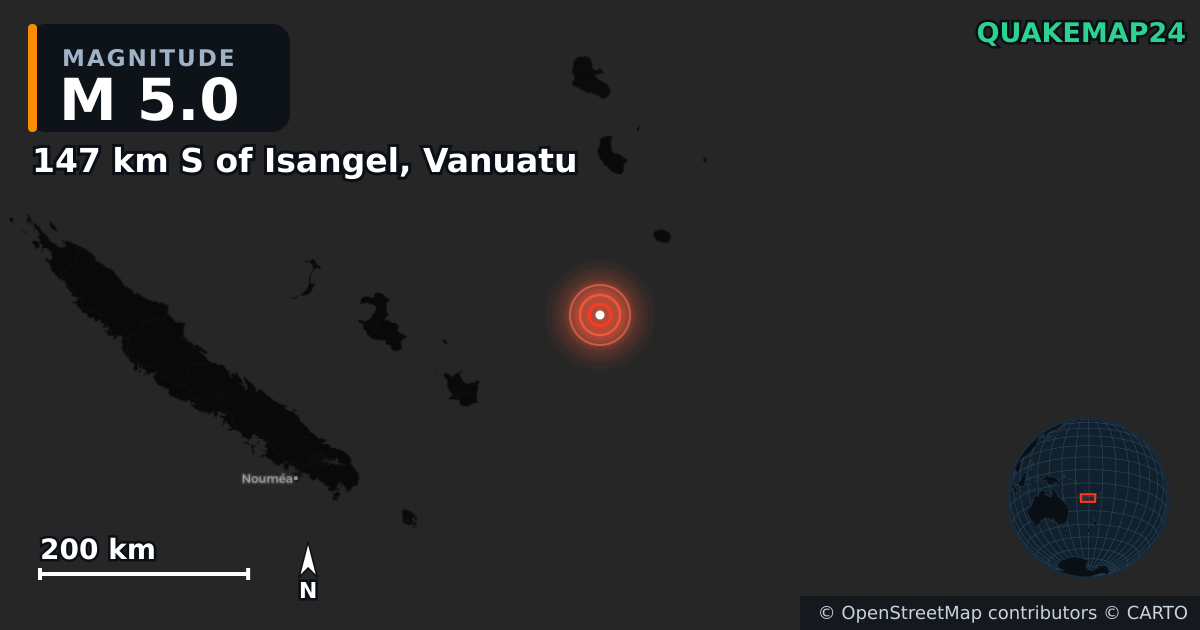 M5.0 earthquake near 147 km S of Isangel, Vanuatu on Jan 16, 2025 — map of epicenter and shaking intensity | QuakeMap24