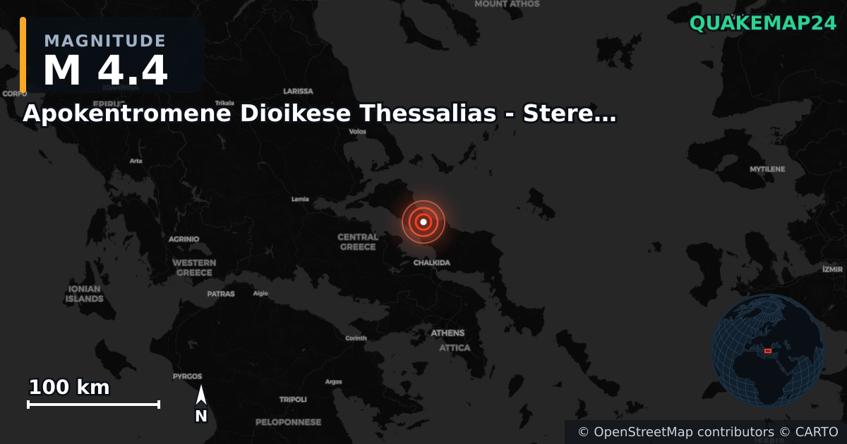 M4.4 earthquake near Apokentromene Dioikese Thessalias - Stereas Ellados on May 19, 2025 — map of epicenter and shaking intensity | QuakeMap24