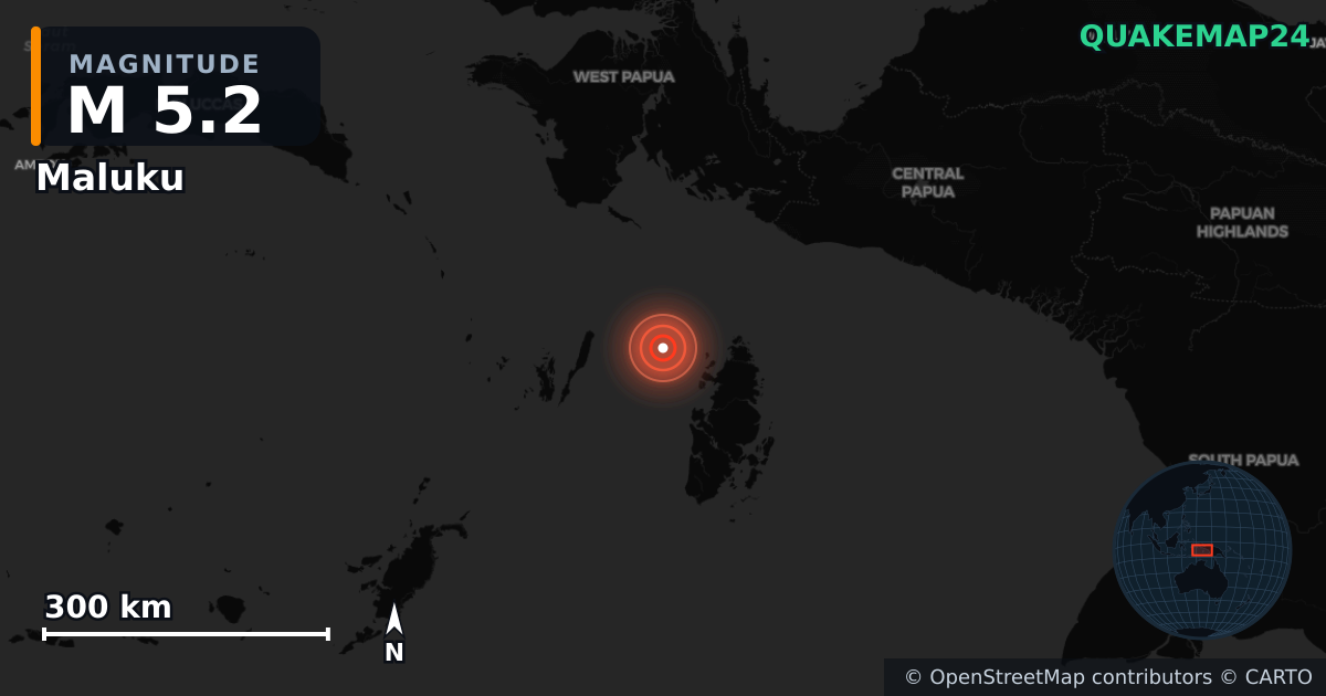M5.2 earthquake near Maluku on Nov 11, 2025 — map of epicenter and shaking intensity | QuakeMap24