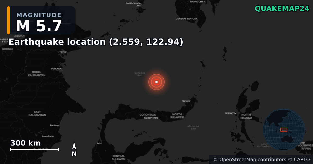 M5.7 earthquake near Deprem konumu (2.559, 122.94) on Aug 13, 2025 — map of epicenter and shaking intensity | QuakeMap24
