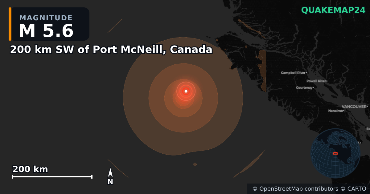 M5.6 Earthquake near 200 km SW of Port McNeill, Canada · 2026-08-01 — Map showing the location of the epicenter