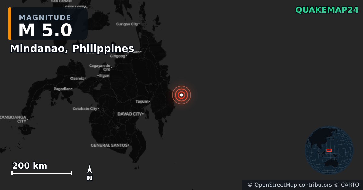 M5.0 earthquake near Mindanao, Philippines on Jan 7, 2026 — map of epicenter and shaking intensity | QuakeMap24