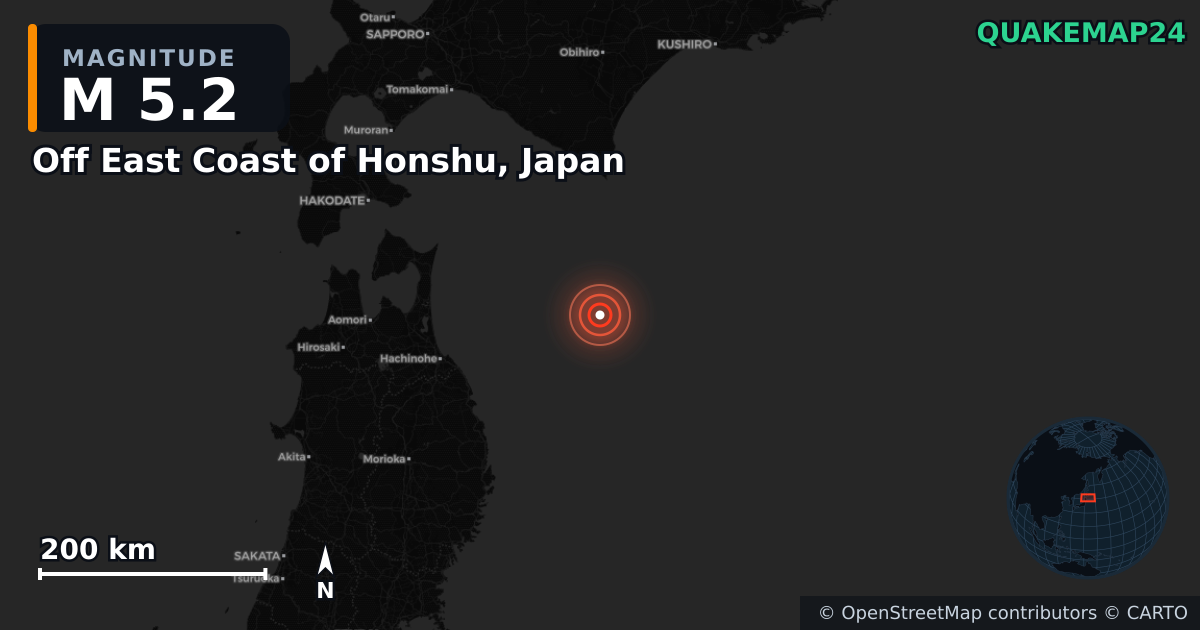 M5.2 earthquake near Off East Coast of Honshu, Japan on Dec 8, 2025 — map of epicenter and shaking intensity | QuakeMap24