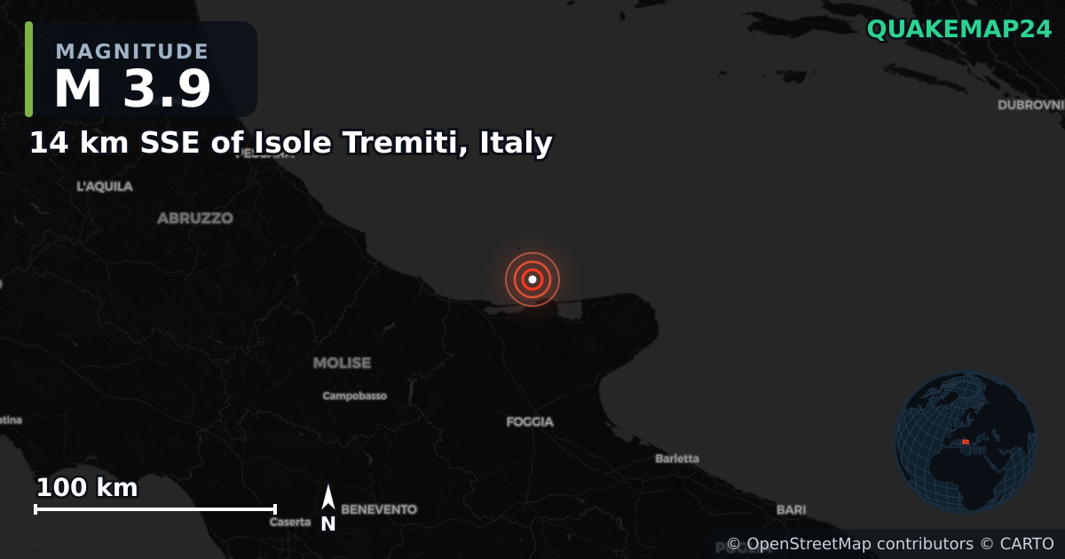 M3.9 earthquake near 14 km SSE of Isole Tremiti, Italy on Mar 14, 2025 — map of epicenter and shaking intensity | QuakeMap24