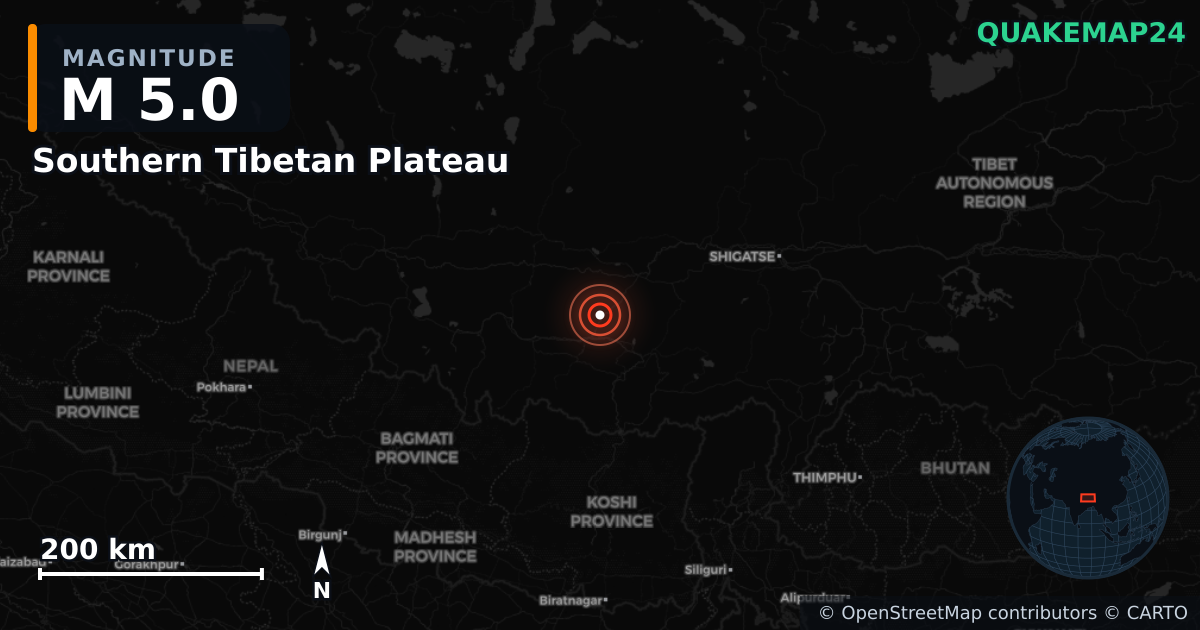 M5.0 earthquake near Southern Tibetan Plateau on Jan 7, 2025 — map of epicenter and shaking intensity | QuakeMap24