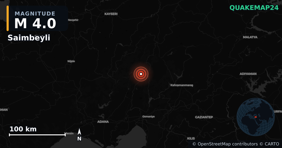 Erdbeben M4,0 bei Saimbeyli, Adana (Türkei) · 2026-10-04 — Karte der Lage des Epizentrums