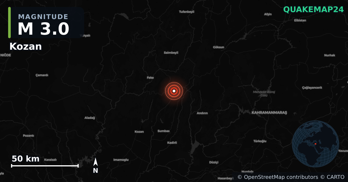 Sismo de M3,0 perto de Kozan, Adana (Turquia) · 2026-10-07 — Mapa da localização do epicentro