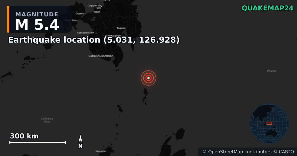 M5.4 earthquake near Earthquake location (5.031, 126.928) on Jun 28, 2025 — map of epicenter and shaking intensity | QuakeMap24