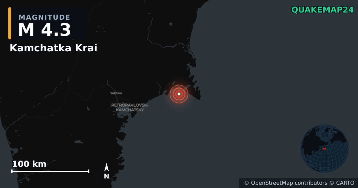 Terremoto de M4,3 cerca de Kamchatka Krai (Rusia) · 2026-10-18 — Mapa de la ubicación del epicentro