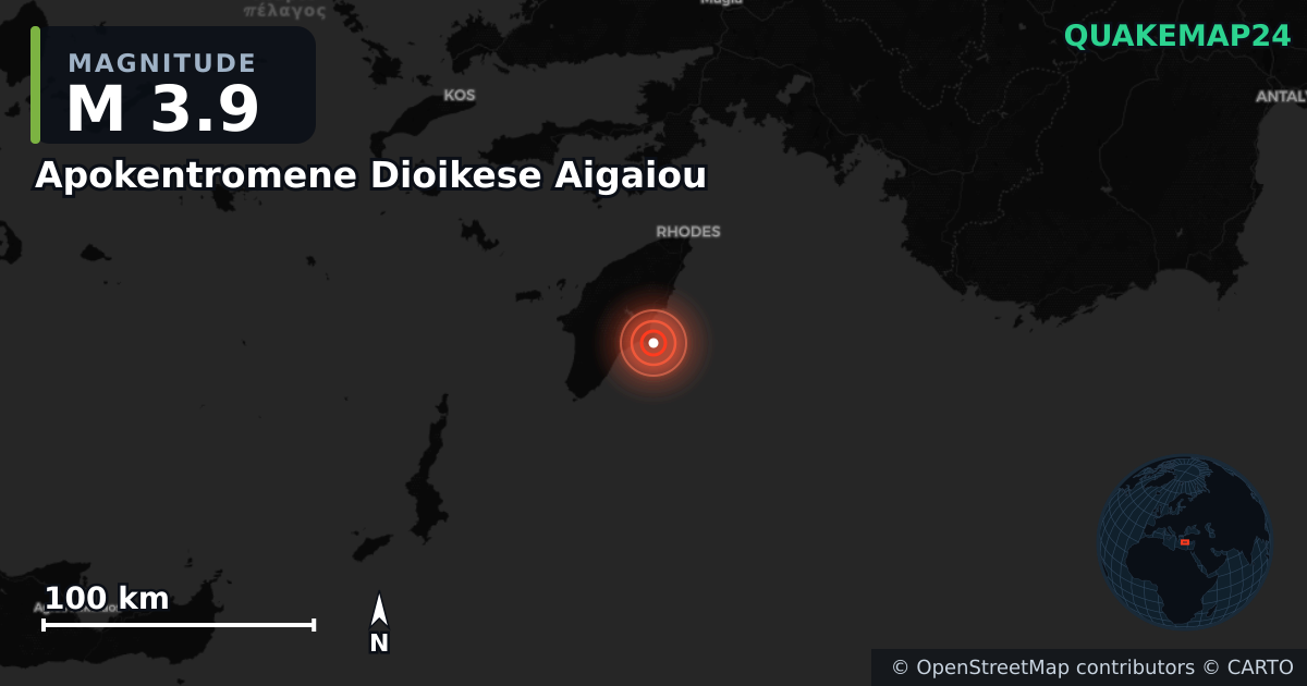 M3.9 earthquake near Apokentromene Dioikese Aigaiou on May 18, 2025 — map of epicenter and shaking intensity | QuakeMap24