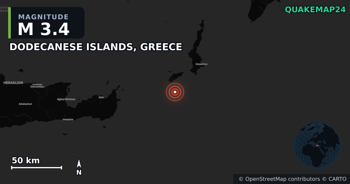 M3.4 earthquake near DODECANESE ISLANDS, GREECE on May 14, 2025 — map of epicenter and shaking intensity | QuakeMap24