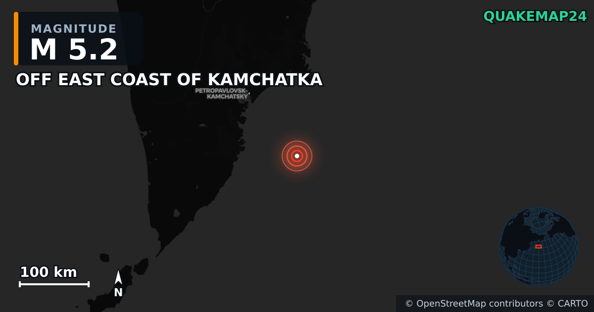 M5.2 earthquake near OFF EAST COAST OF KAMCHATKA on Sep 12, 2025 — map of epicenter and shaking intensity | QuakeMap24