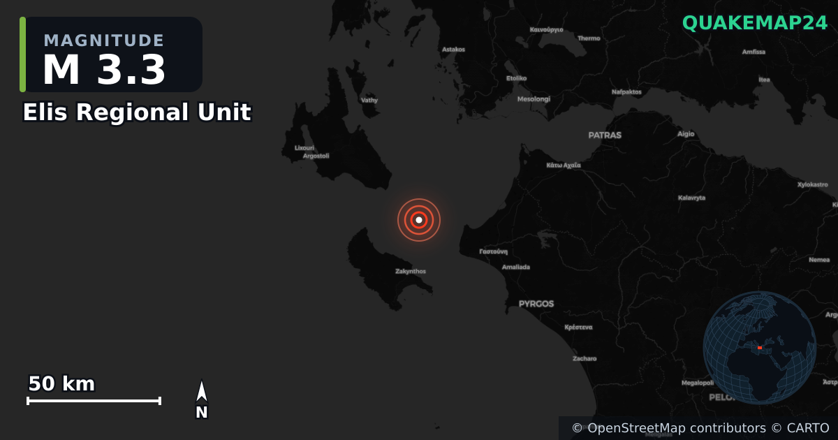 M3.3 earthquake near Elis Regional Unit on Jul 26, 2026 — map of epicenter and shaking intensity | QuakeMap24