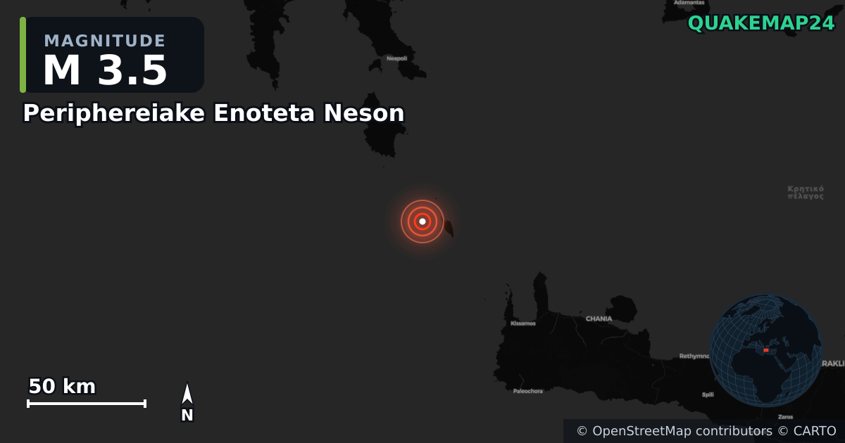 M3.5 earthquake near Periphereiake Enoteta Neson on May 31, 2026 — map of epicenter and shaking intensity | QuakeMap24