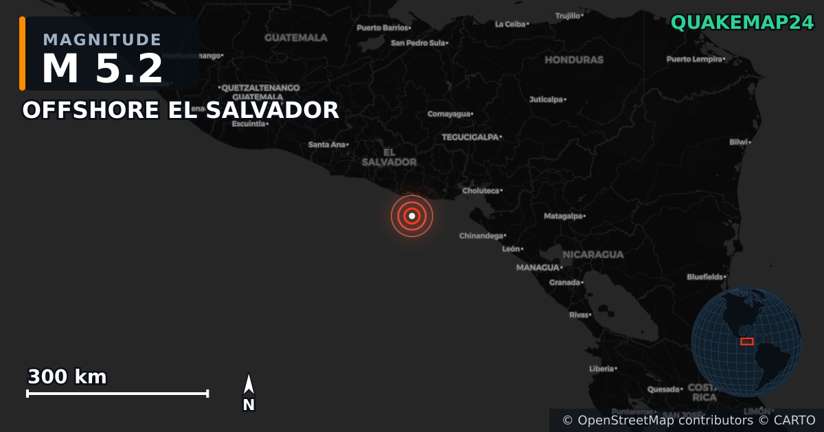 M5.2 earthquake near OFFSHORE EL SALVADOR on May 22, 2025 — map of epicenter and shaking intensity | QuakeMap24