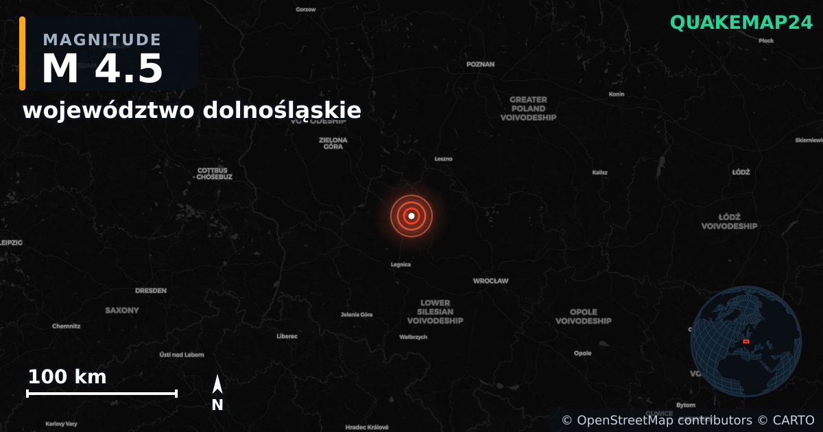 M4.5 earthquake near województwo dolnośląskie on Sep 12, 2025 — map of epicenter and shaking intensity | QuakeMap24