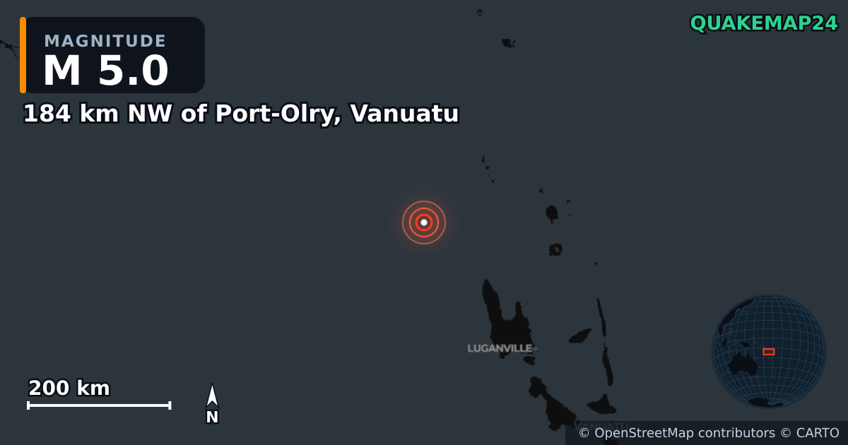 Erdbeben M5,0 bei 184 km NW of Port-Olry, Vanuatu · 2026-10-27 — Karte der Lage des Epizentrums