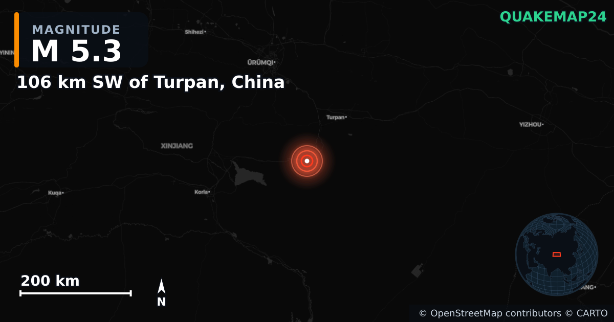 Erdbeben M5,3 bei 106 km SW of Turpan, China — Karte der Lage des Epizentrums