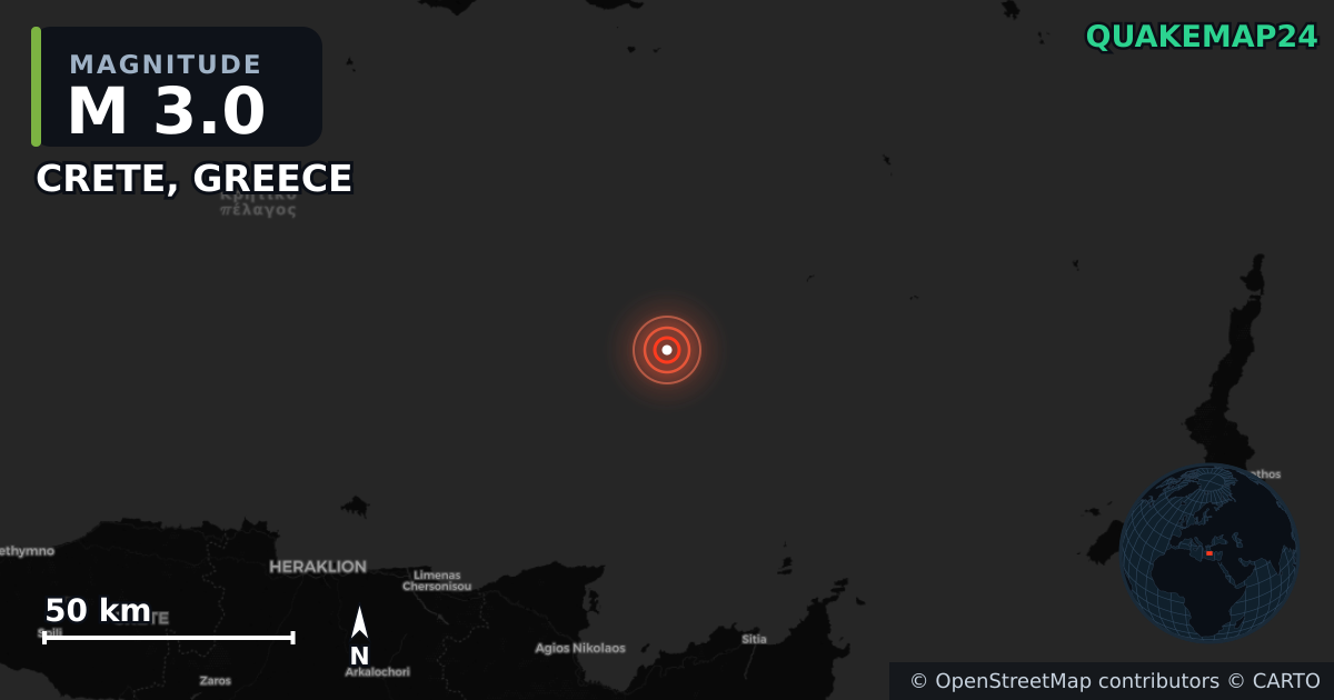 M3.0 earthquake near CRETE, GREECE on May 22, 2025 — map of epicenter and shaking intensity | QuakeMap24