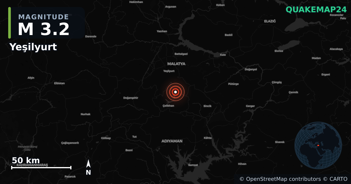 M3.2 earthquake near Yeşilyurt on Jun 15, 2025 — map of epicenter and shaking intensity | QuakeMap24
