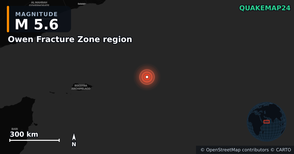 Erdbeben M5,6 bei Owen Fracture Zone region — Karte der Lage des Epizentrums