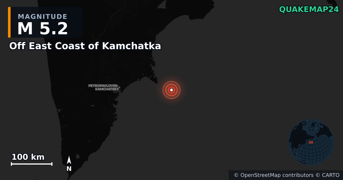 M5.2 earthquake near Off East Coast of Kamchatka on Sep 19, 2025 — map of epicenter and shaking intensity | QuakeMap24