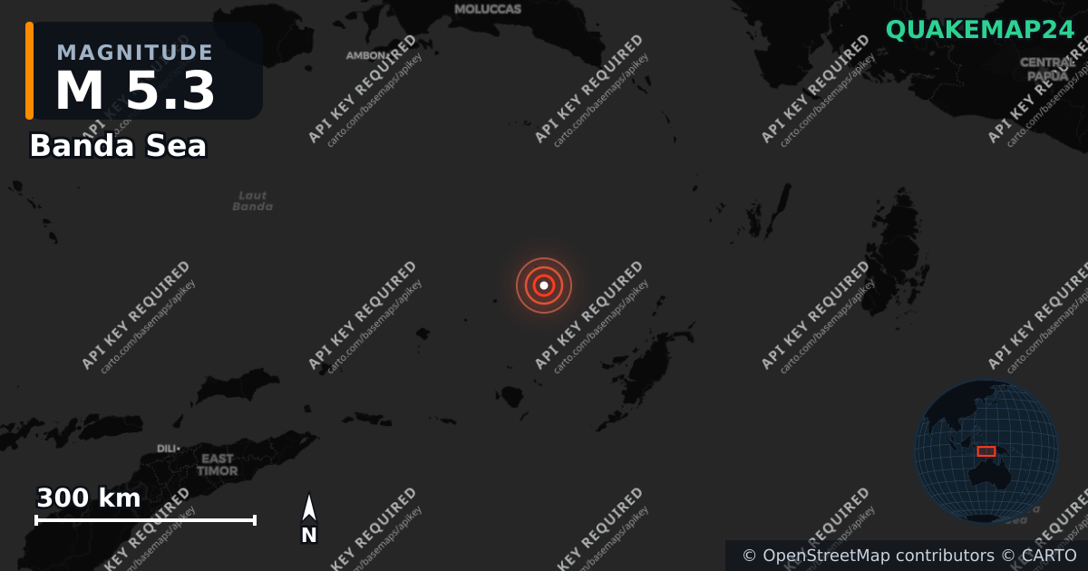 M5.3 earthquake near Banda Sea on May 5, 2026 — map of epicenter and shaking intensity | QuakeMap24