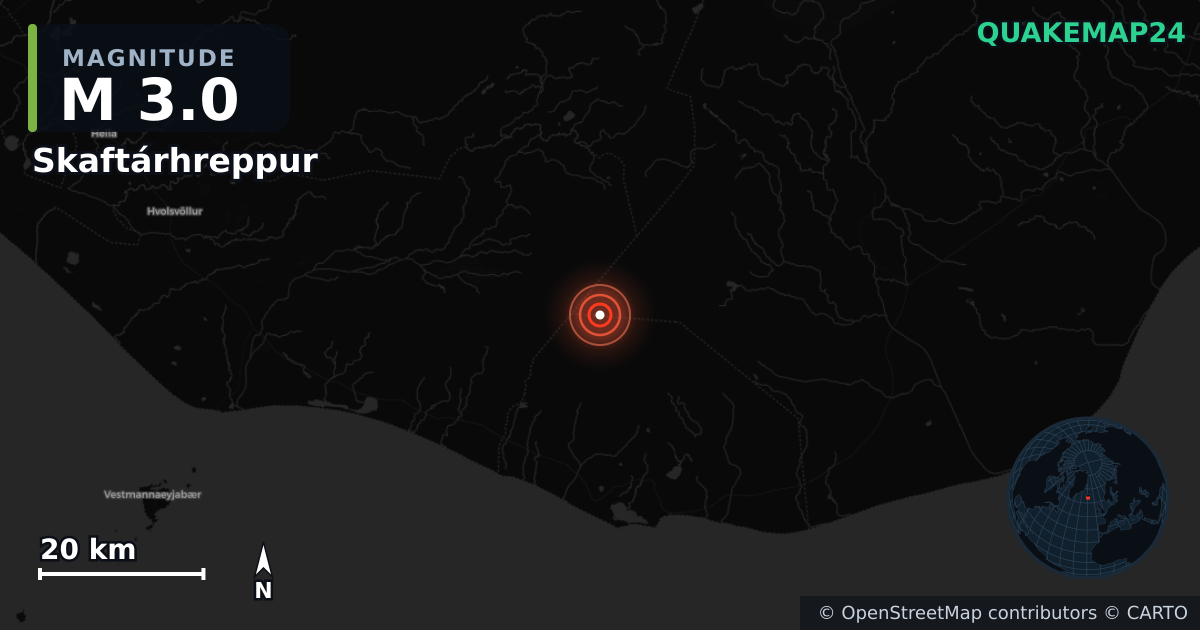 M3.0 earthquake near Skaftárhreppur on Mar 3, 2026 — map of epicenter and shaking intensity | QuakeMap24