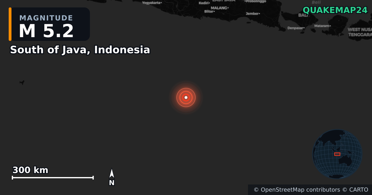 M5.2 Earthquake near South of Java, Indonesia · 2025-05-19 — Map showing the location of the epicenter